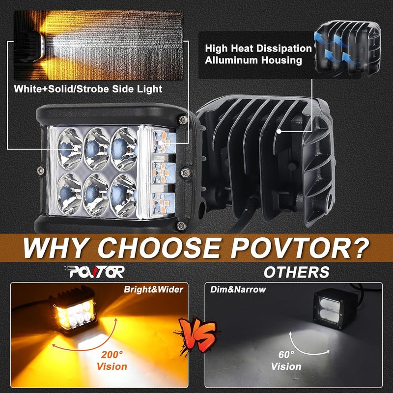 POVTOR Side Shooter LED Pod Lights - 4 inch Off Road LED Light Pods with Dual Yellow Solid & Strobe Spot Beam - ATV UTV SUV 4x4 Boat - Image 3